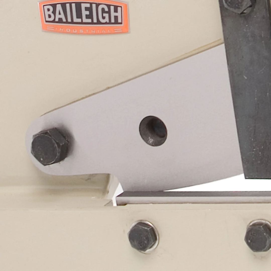 Close-up of Baileigh Bench Mounted Multi-Purpose Manual Sheet Metal Shear - (MPS-8G) 1005690 precision blade assembly showcasing durable cutting components for accurate sheet metal processing.