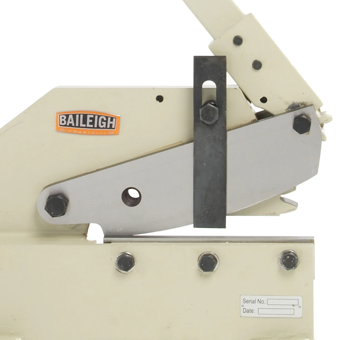 Close-up of Baileigh Bench Mounted Multi-Purpose Manual Sheet Metal Shear - (MPS-8G) 1005690 reinforced frame and blade housing designed for durability in fabrication and maintenance environments.