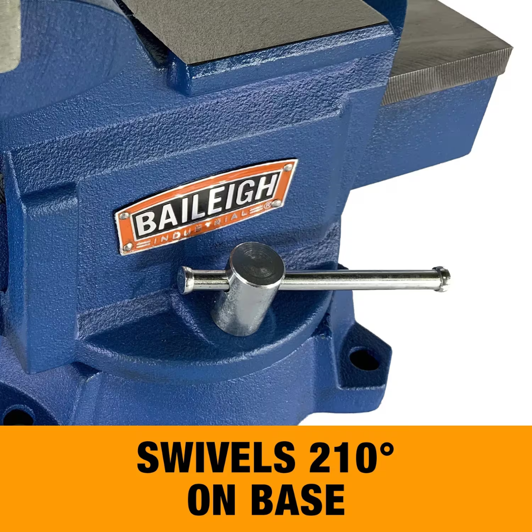 Close-up of Baileigh Bench Vise swivel base highlighting rugged bolt-down mounting design and stable workholding performance for workshop and industrial environments.