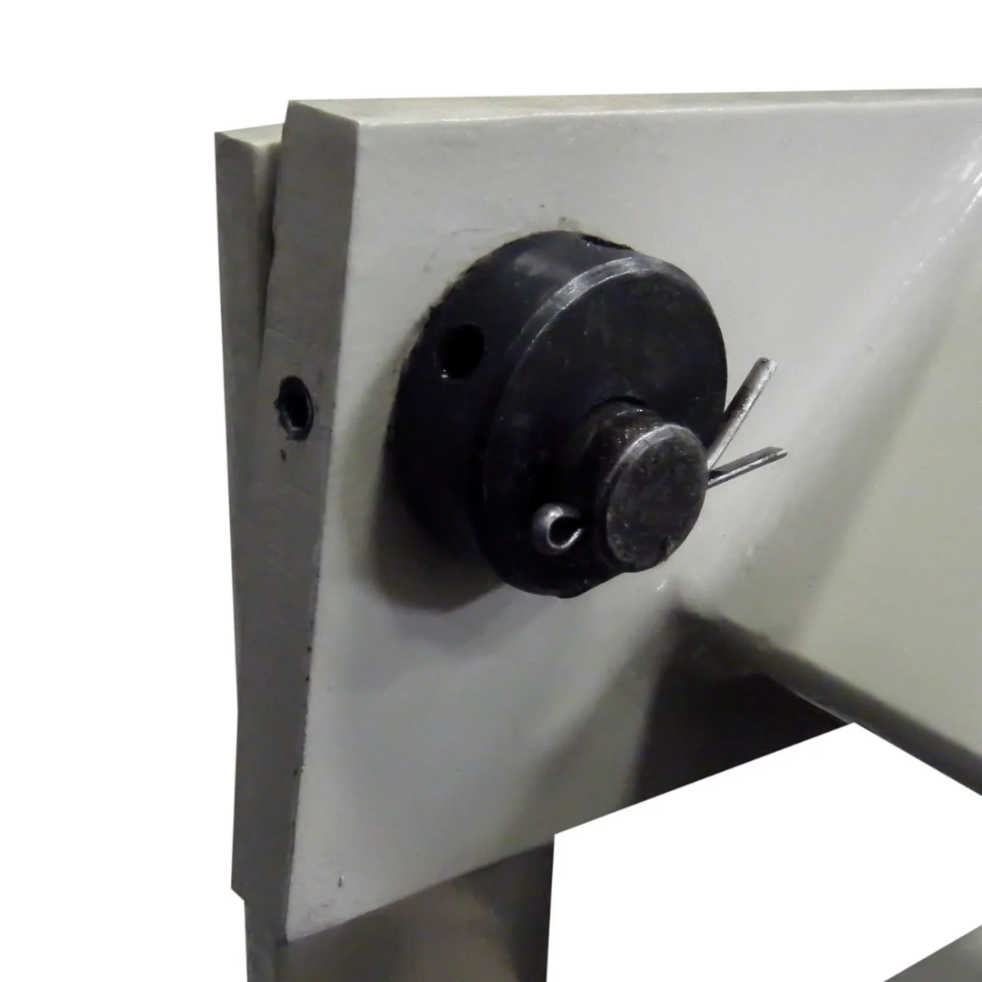 Close-up of Baileigh Bending Box & Pan Brake BB-2416E 1000383 adjustment wheel and frame components showcasing durable construction and accurate machine positioning.