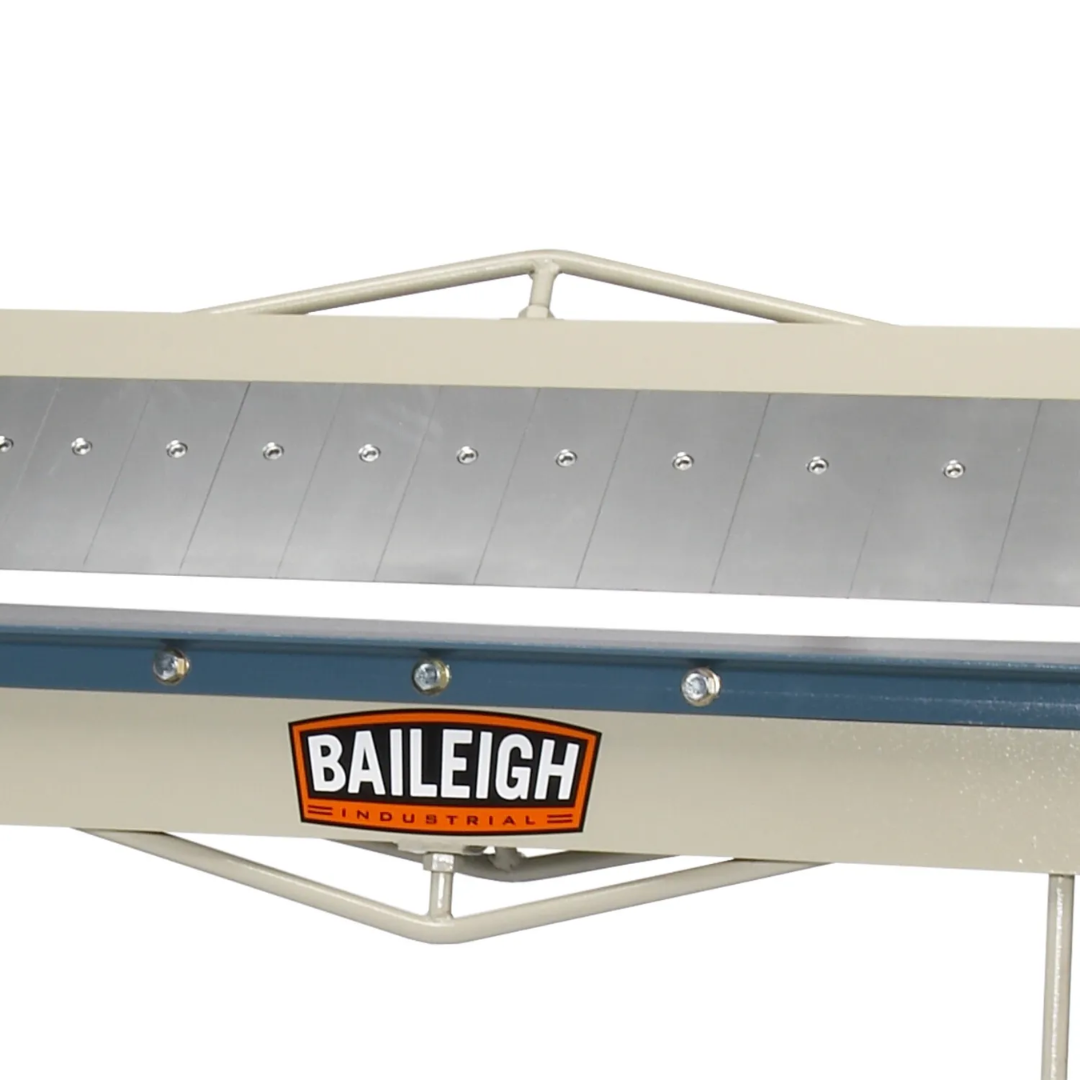 Close-up of Baileigh Box & Pan Brake: 48" Bending Length, Bender (BB-4816) 1000460 front clamping beam showcasing precision-machined components for accurate sheet metal bending operations.
