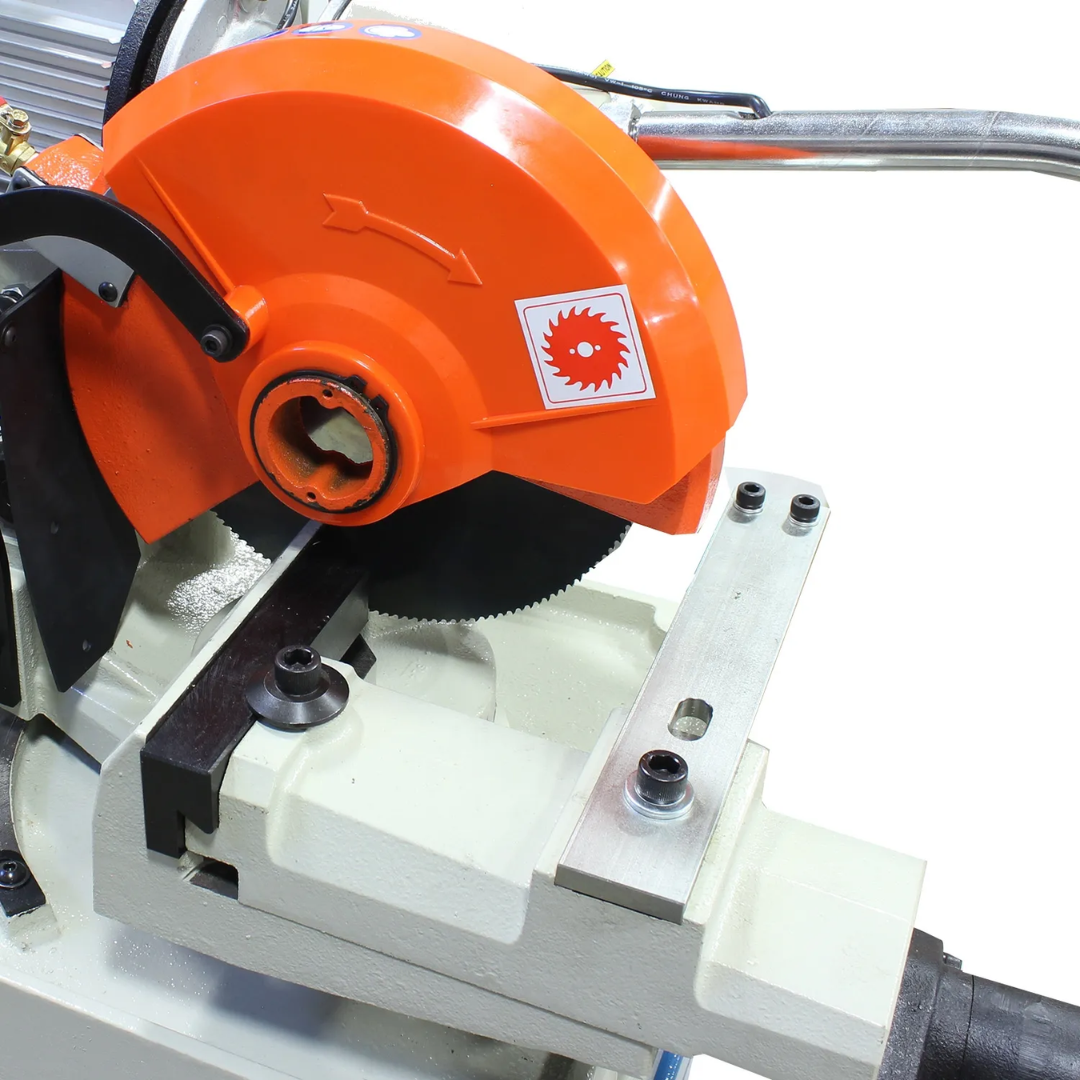 Close-up of Baileigh Manual Cold Saw CS-250EU 1002426 drive and blade guard assembly providing durability, safety, and precision cutting performance.