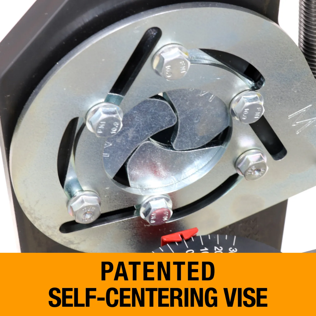 Close-up of Baileigh Radial Jaw Tube and Pipe Notcher, 2.5" OD Capacity (TN-250) BA9-METN250 patented self-centering vise providing secure workholding and repeatable notch accuracy.