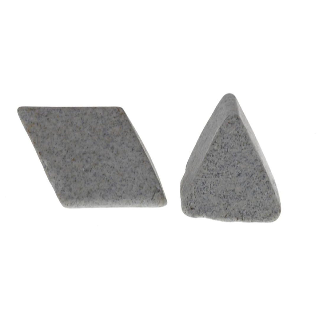 Close-up of Burr King 3/8" x 1/4" Angle Cut Triangle P-20 Fast Cut Ceramic ACT50AL showing the precision angle-cut triangular profile for reaching corners, slots, and intricate part geometries.
