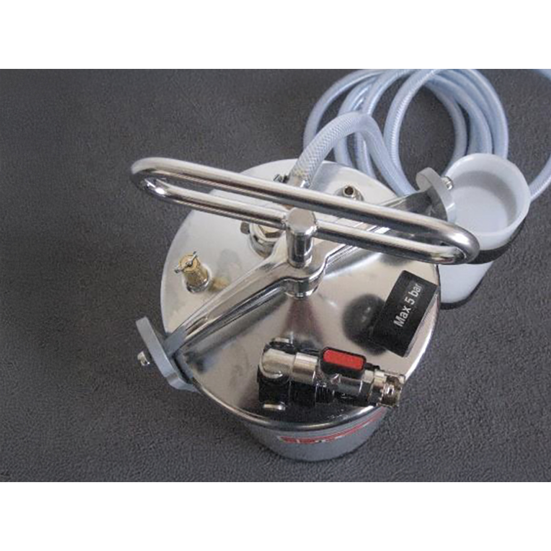 Close-up of JLT Pressurized A8 Glue Tank for PVA Glue PIZ.9001 showing pressurized system components, regulator, and durable hose assembly