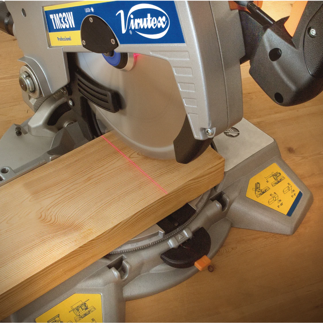 Close-up of Virutex TM33W Miter Table Saw Combo For Precision Cuts (120V) cutting wood with accurate miter angle adjustment