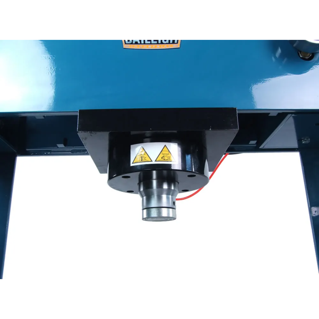 Close-up of hydraulic ram assembly on Baileigh Shop Press: H Frame, 9.8" Stroke 1004859 showing precision-machined pressing head designed for controlled force and accurate pressing operations.
