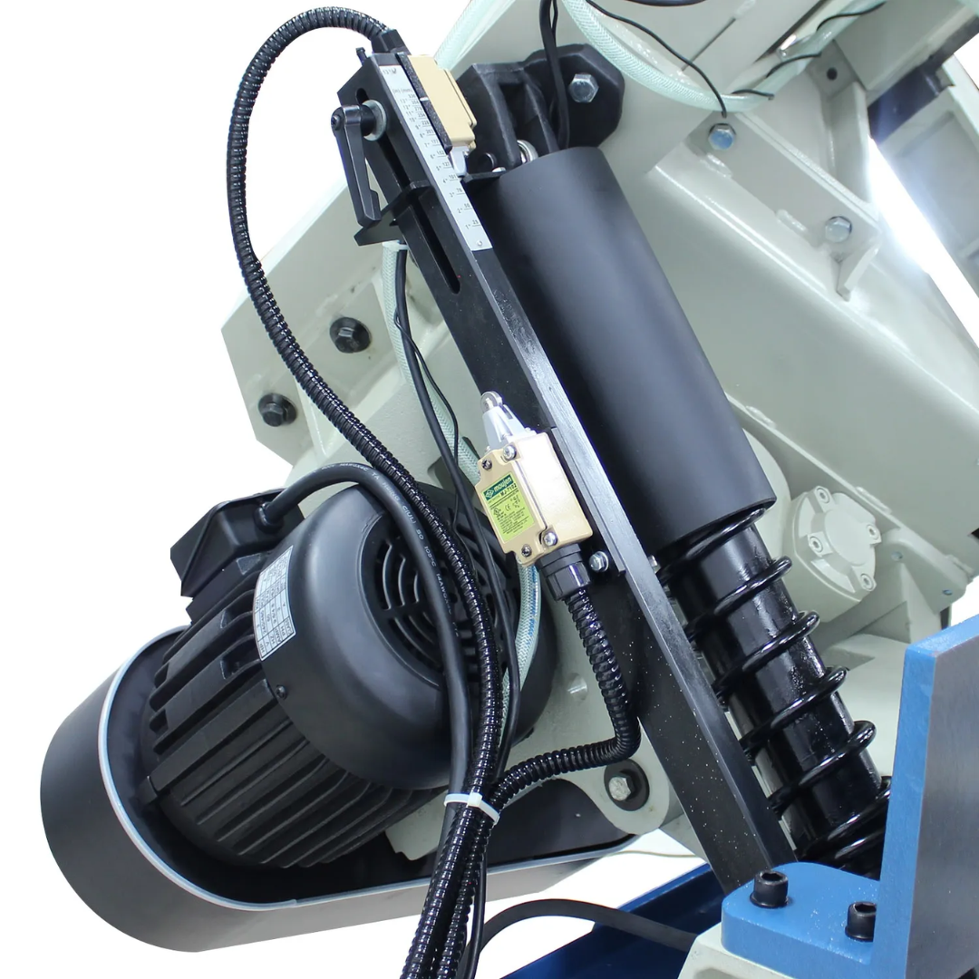 Close-up of the Baileigh 13-Inch Semi-Automatic Horizontal Bandsaw (BS-330SA) 1001521 hydraulic and drive components engineered for reliable industrial cutting performance.