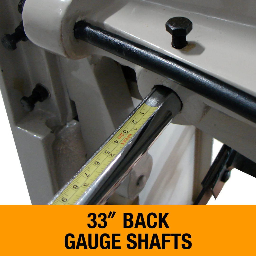 Close-up of the Baileigh 52-Inch Foot Stomp Shear, 16-Gauge Mild Steel (SF-5216E) 1007020 featuring 33-inch back gauge shafts for repeatable cuts and improved production accuracy.