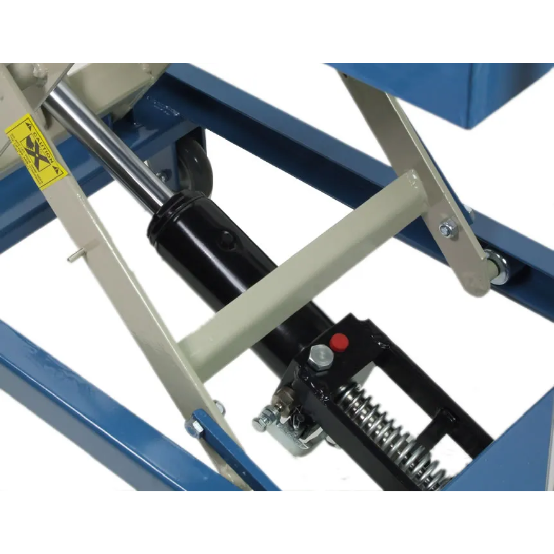 Close-up of the Baileigh B-Cart Hydraulic Lift Cart 1000578 hydraulic cylinder and scissor frame construction built for durability and dependable lifting operation.