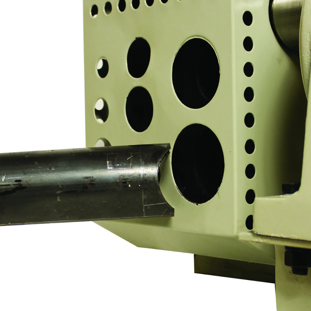 Close-up of the Baileigh Electric Pipe Notcher TN-200E 1008007 showing the precision pipe clamping system designed for accurate and repeatable tube notching operations.
