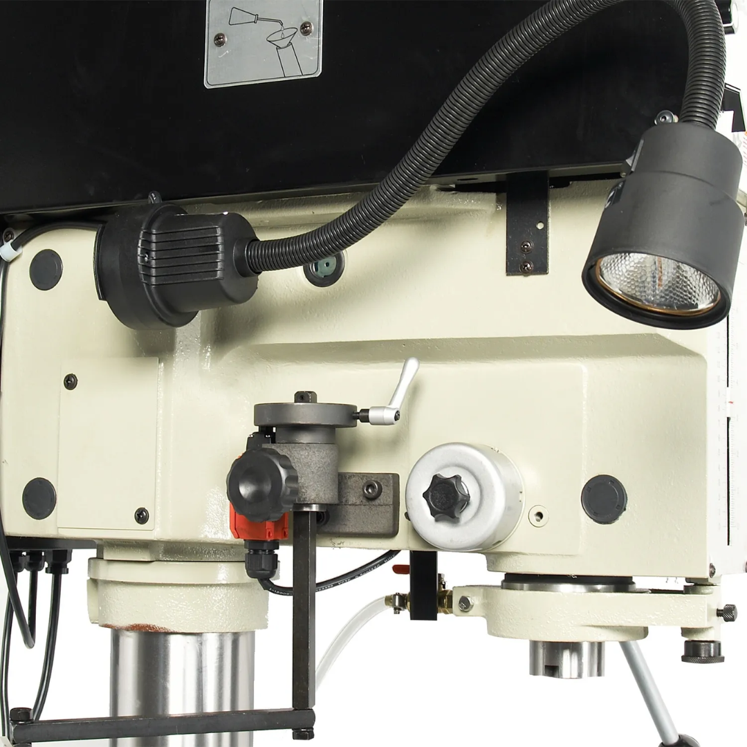 Close-up of the Baileigh High Speed Drill Press DP-1250VS-HS 1002871 spindle head and feed controls engineered for precision drilling performance.