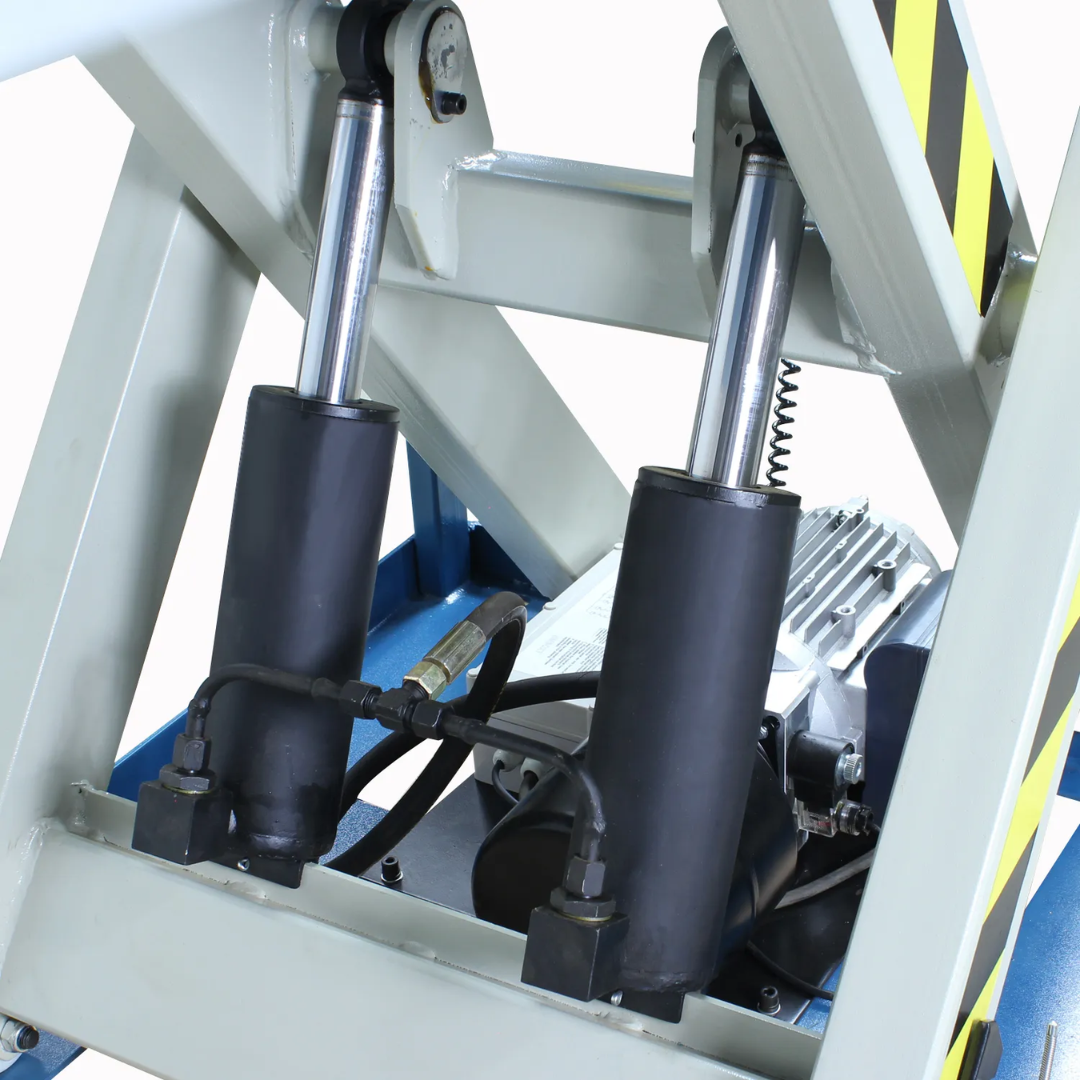 Close-up of the Baileigh Hydraulic Lift Table HLT-4400 1013589 hydraulic cylinder and support frame engineered for reliable heavy-duty lifting performance.