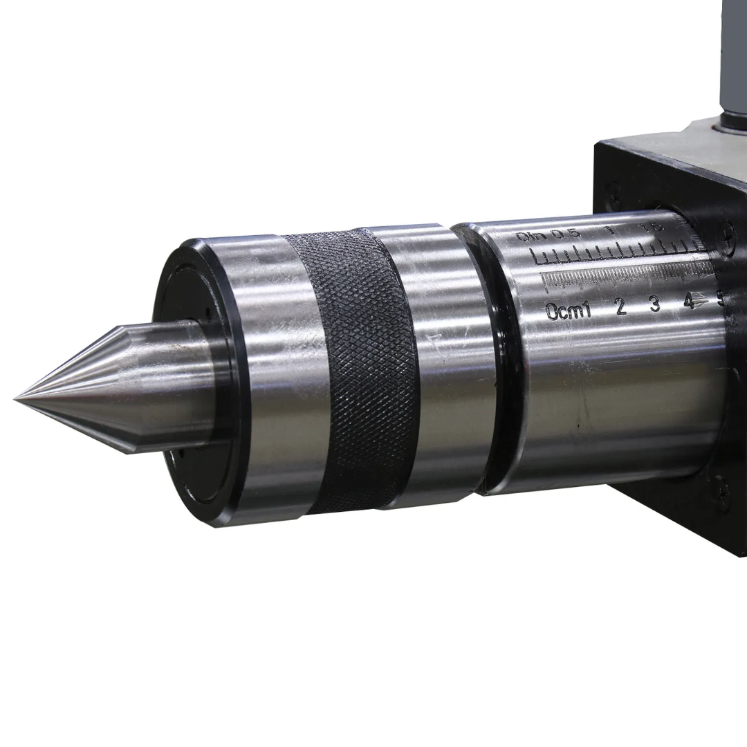 Close-up of the Baileigh Metal Lathe - PL-1860E 1016624 tailstock with live center providing secure support for shafts and long workpieces.