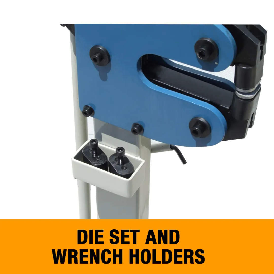 Close-up of the Baileigh Metal Shrinker Stretcher (MSS-16F) 1005710 die storage and integrated wrench holders for convenient tool organization and faster workflow.