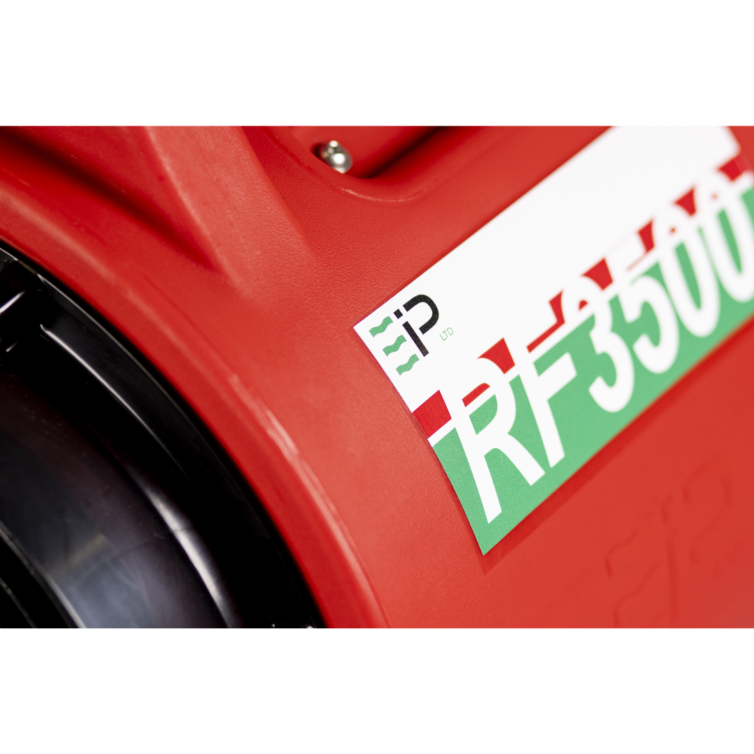 Close-up of the Ebac RF3500 Ventilator 10965RD-US showing the product identification label on the heavy-duty red industrial ventilator housing