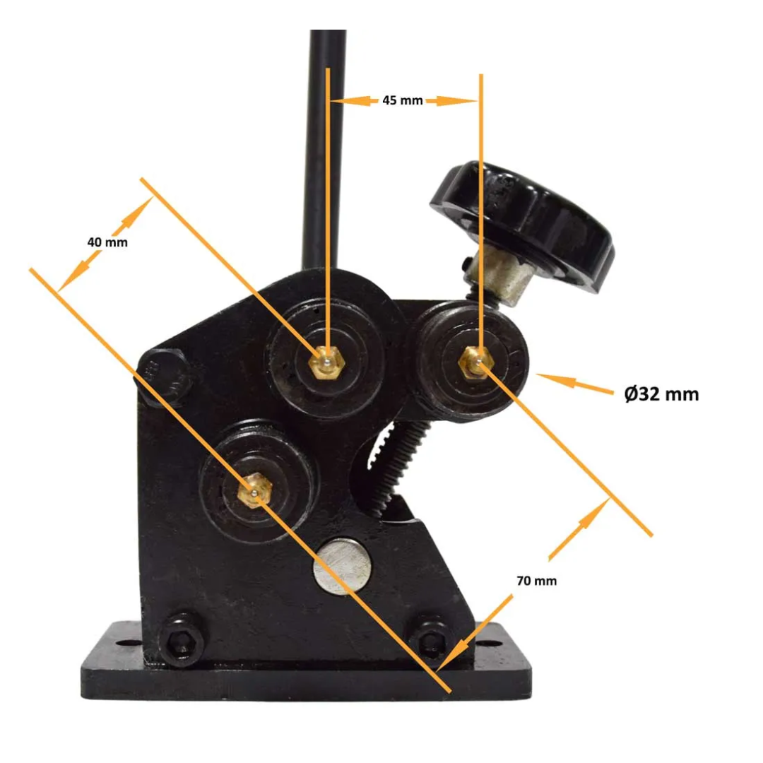Close-up of the adjustable roller assembly on the Baileigh Manual Roll Bender (R-M3) 1006851 showing material feed path and precision bending adjustments.