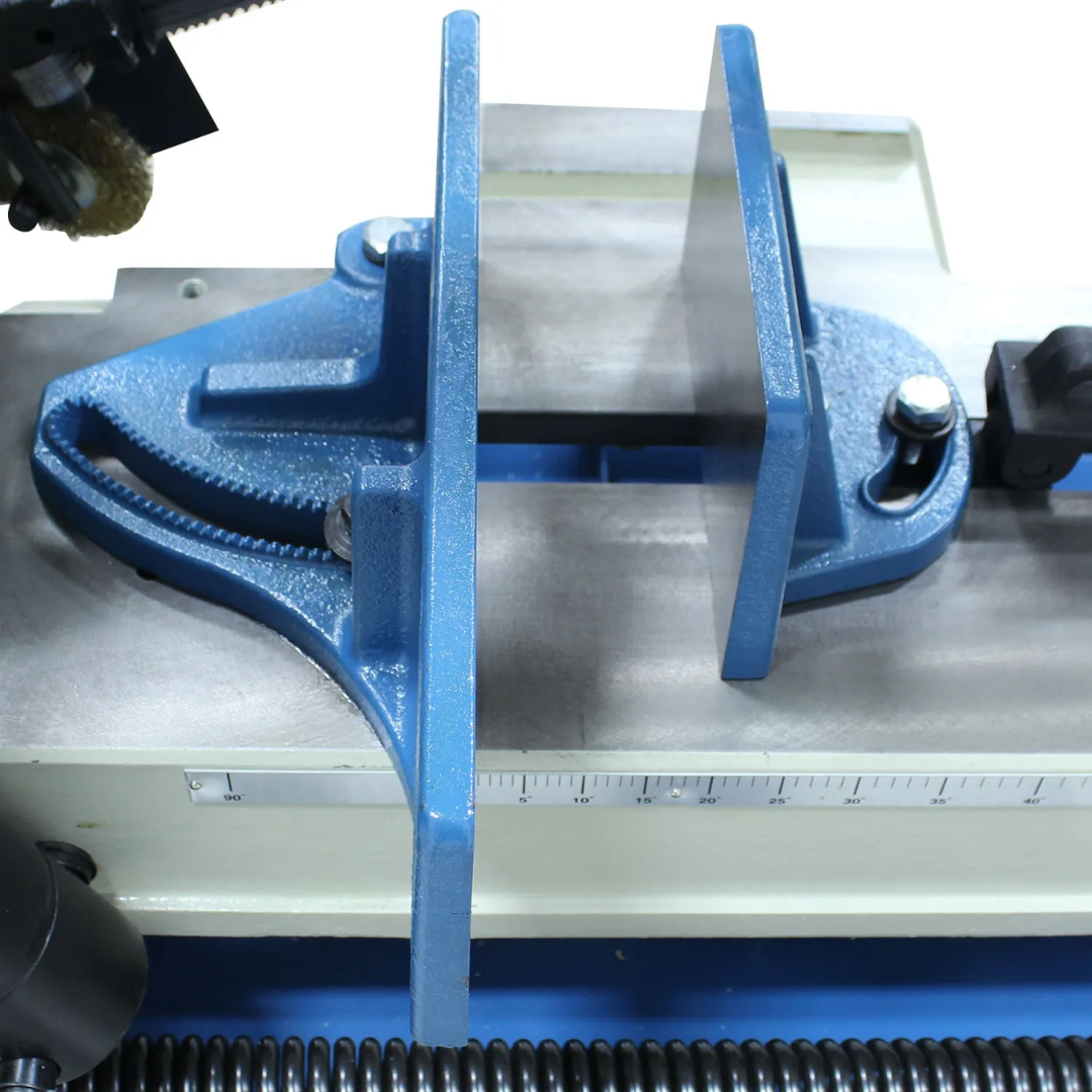 Close-up of the adjustable vise on the Baileigh Horizontal Band Saw - BS-916M 1001740 providing stable workpiece support for straight and miter cutting applications.