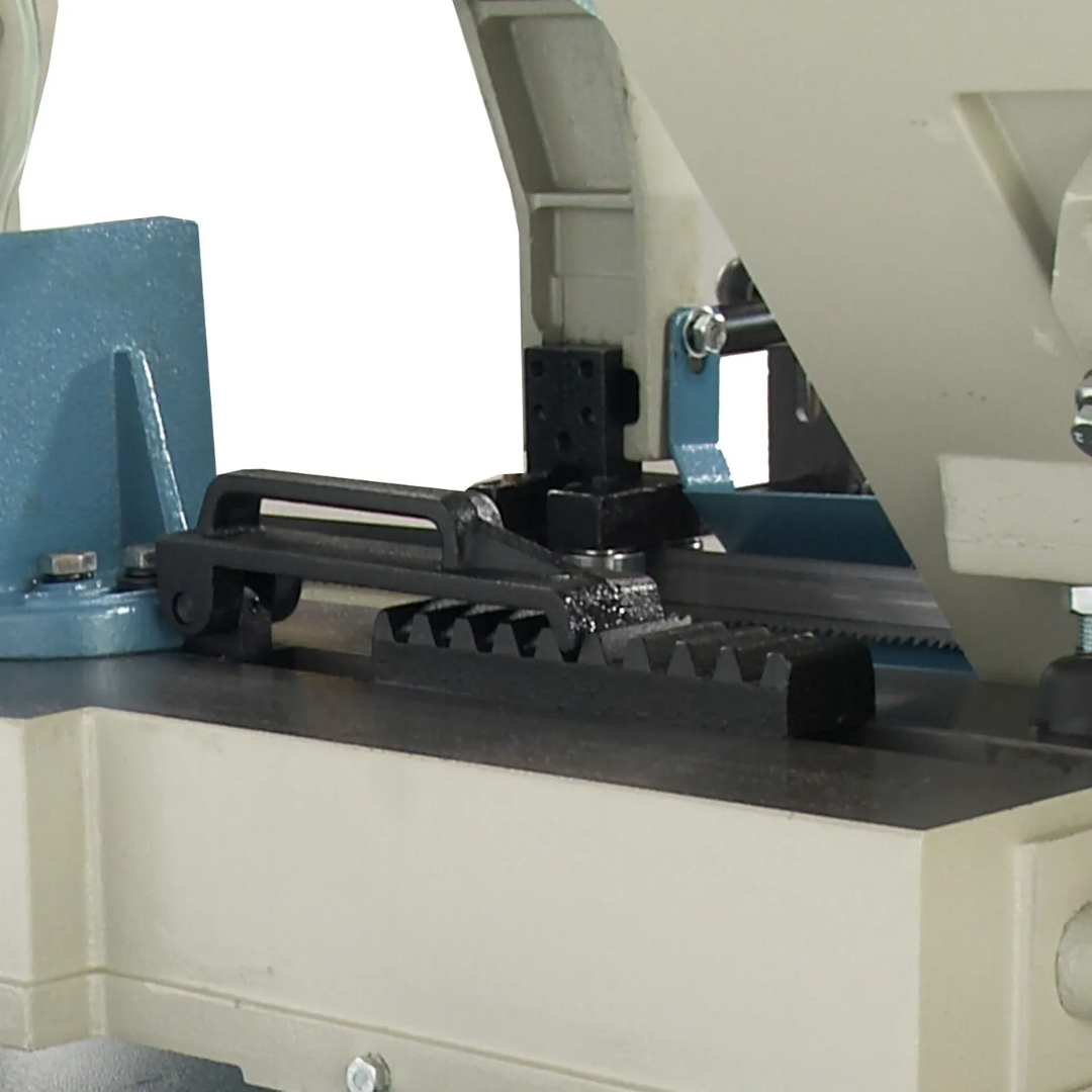 Close-up of the blade guide assembly on the Baileigh 10-Inch Horizontal Bandsaw, 2 HP, 240V 1Ph (BS-300M) 1001492 for accurate metal cutting