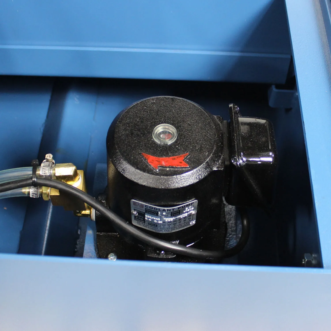 Close-up of the coolant and lubrication system on the Baileigh 13-Inch Dual-Mitering Semi-Automatic Bandsaw (BS-20SA-DM) 1001298 illustrating the integrated coolant reservoir and industrial cutting support components.