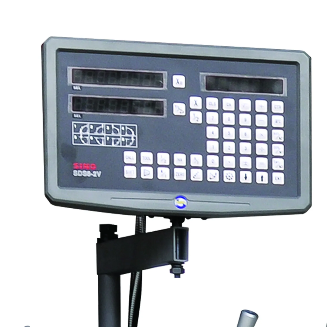 Close-up of the digital readout display on the Baileigh 12"x36" Geared Head Metal Lathe, X/Y-Axis DRO (PL-1236E-DRO) 1016617 highlighting precision measurement controls.