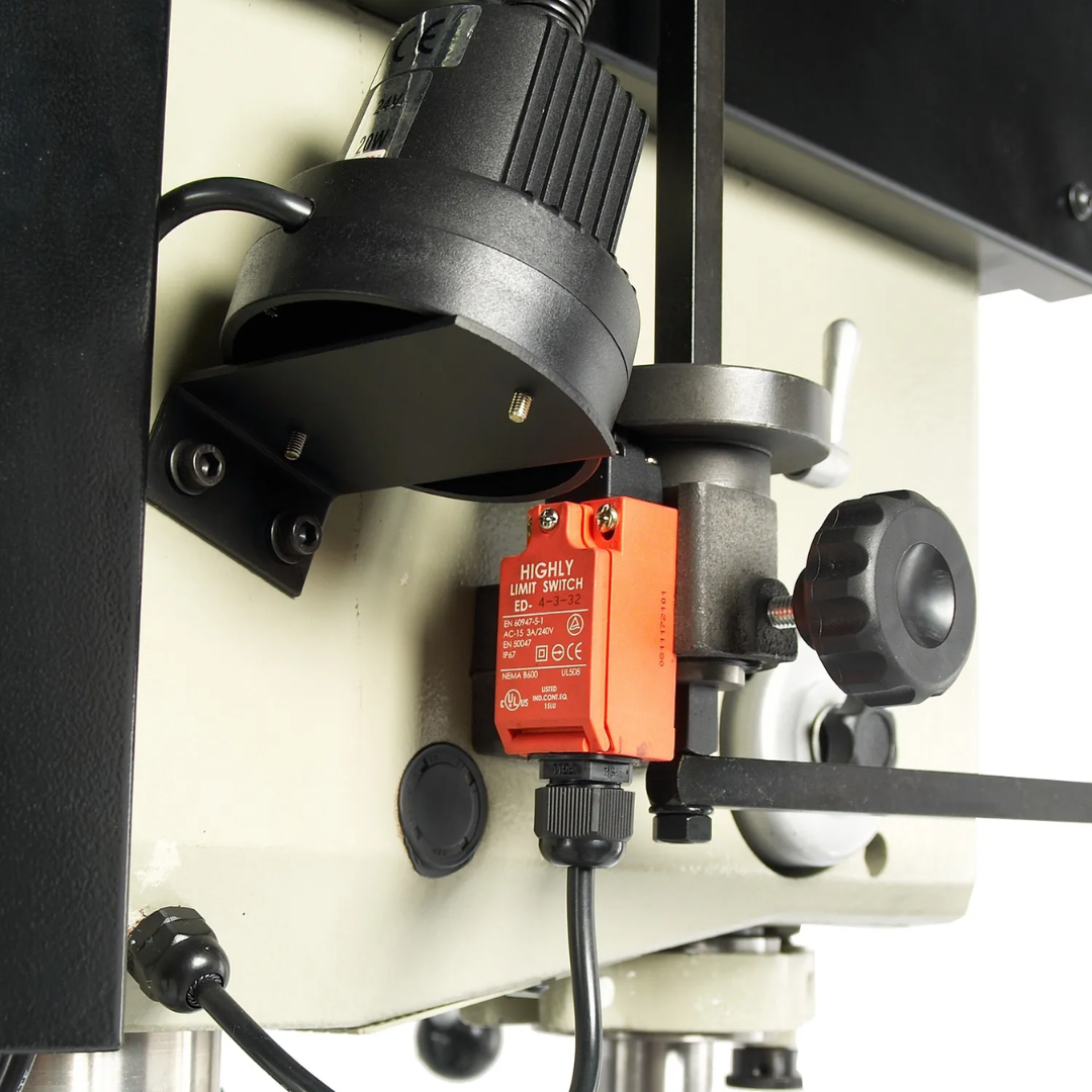 Close-up of the drilling head on the Baileigh 16-Inch Variable-Speed Drill Press, 220V 1Ph (DP-1000VS) 1002862 showing precision spindle controls and depth adjustment features.