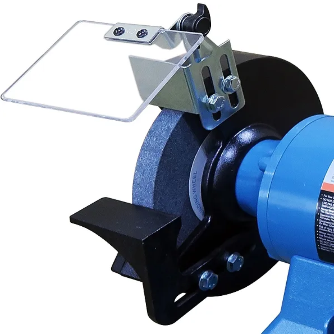 Close-up of the grinding wheel assembly on the Baileigh 10" Industrial Bench Grinder - (IGB-10) 1227896 highlighting the adjustable tool rests and protective safety shields.