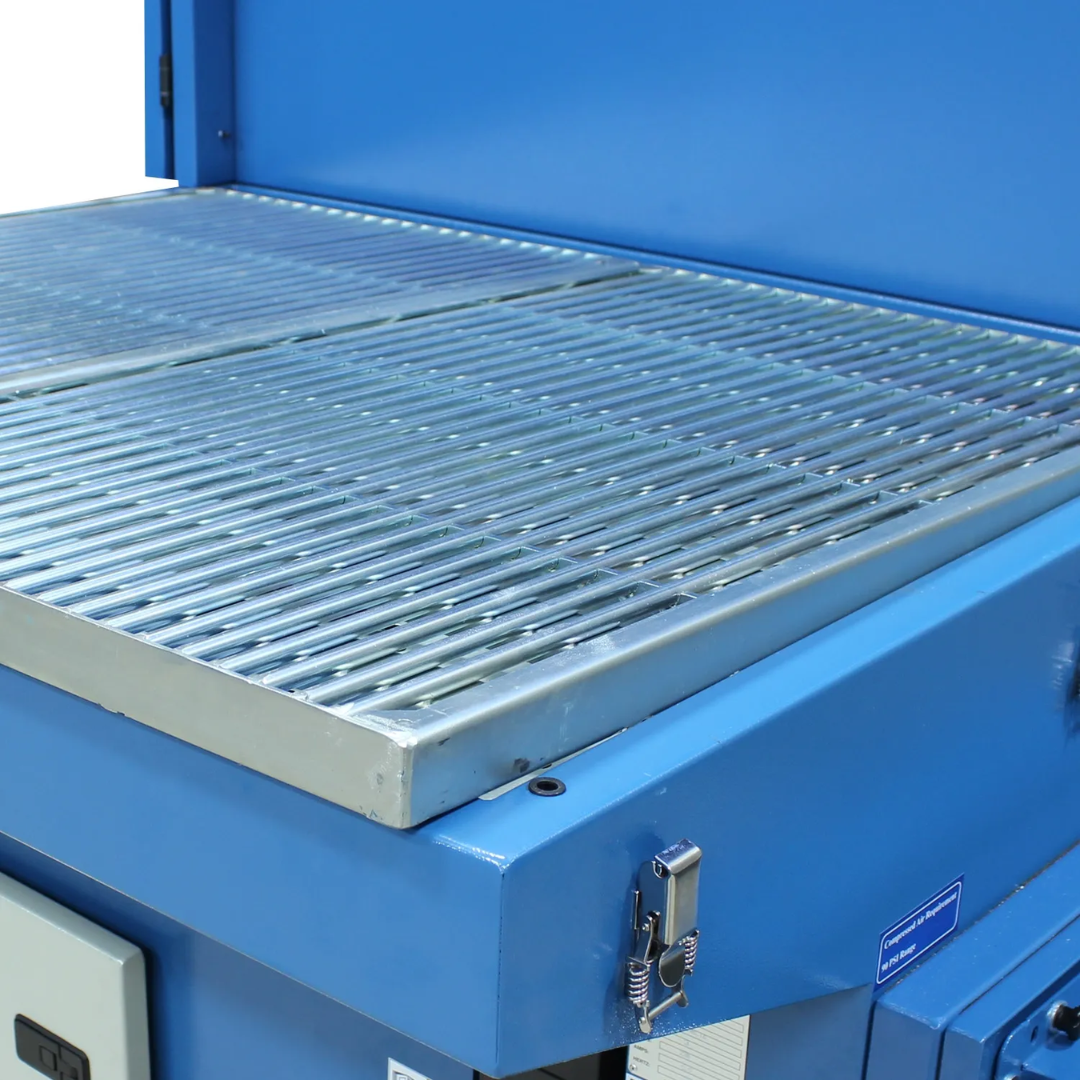 Close-up of the perforated work grate on the Baileigh 48" x 40" Heavy-Duty Downdraft Table, 2 HP (DDTM-4840-HD) 1017589 engineered for maximum airflow and dust extraction performance.