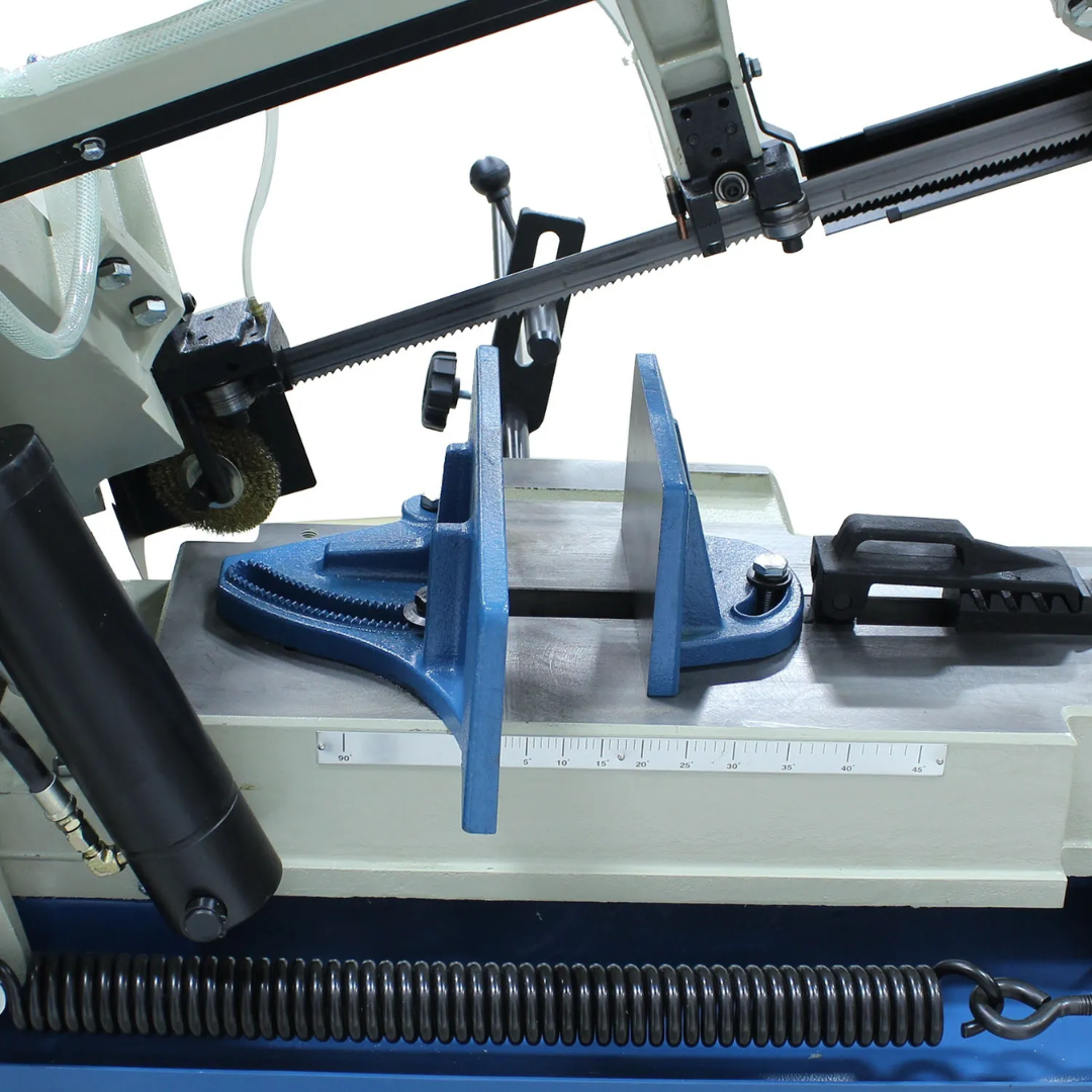 Close-up of the vise and material clamping system on the Baileigh Horizontal Band Saw - BS-916M 1001740 designed to securely hold stock during cutting for improved accuracy and safety.