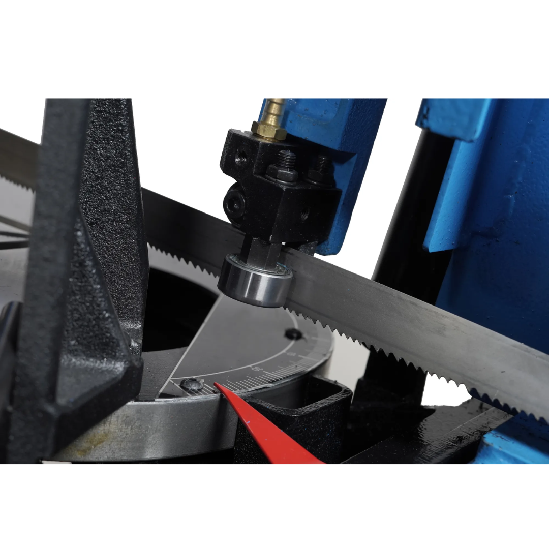Close-up of the vise assembly on the Baileigh Portable EVS Dual Mitering Bandsaw BS-10VS 1232696 showing precision material clamping.