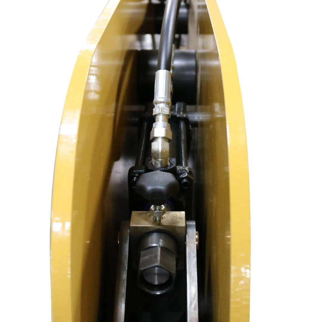 Close-up side view of the Baileigh Louver Press LP-48 BA9-LP48 showing the internal press mechanism, guide components, and reinforced frame construction for accurate louver forming.