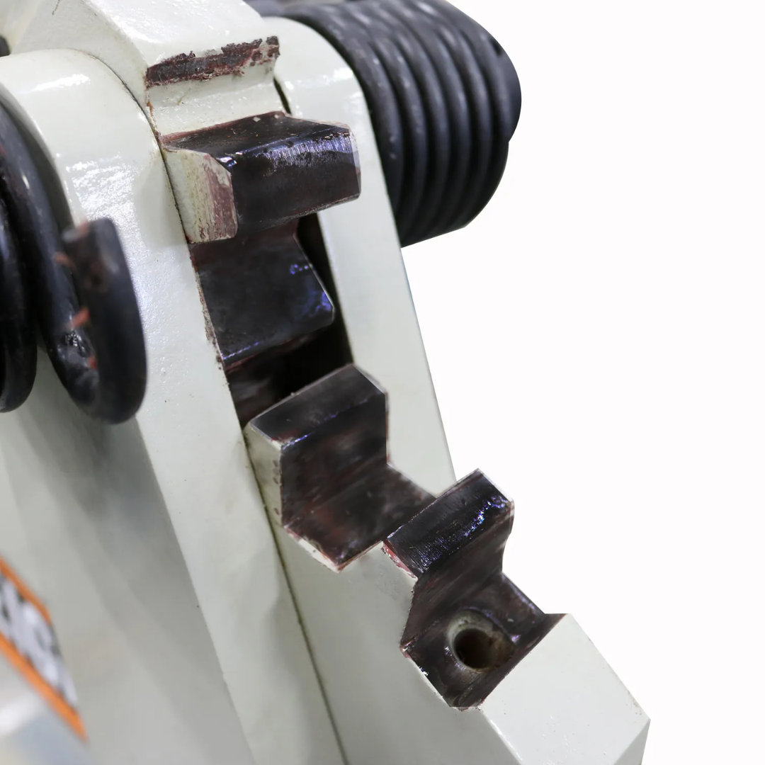 Close-up view of the Baileigh Manual Sheet Metal Punch HP-160 1004679 punch adjustment mechanism and tooling assembly designed for accurate hole punching and repeatable results.