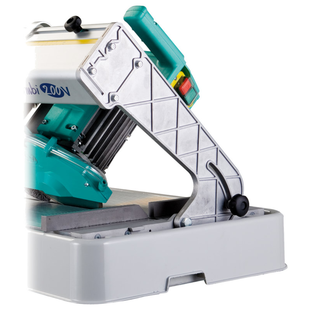 Close-up view of the IMER COMBICUT 200 overhead rail saw motor assembly and cutting head designed for accurate masonry and tile cutting performance