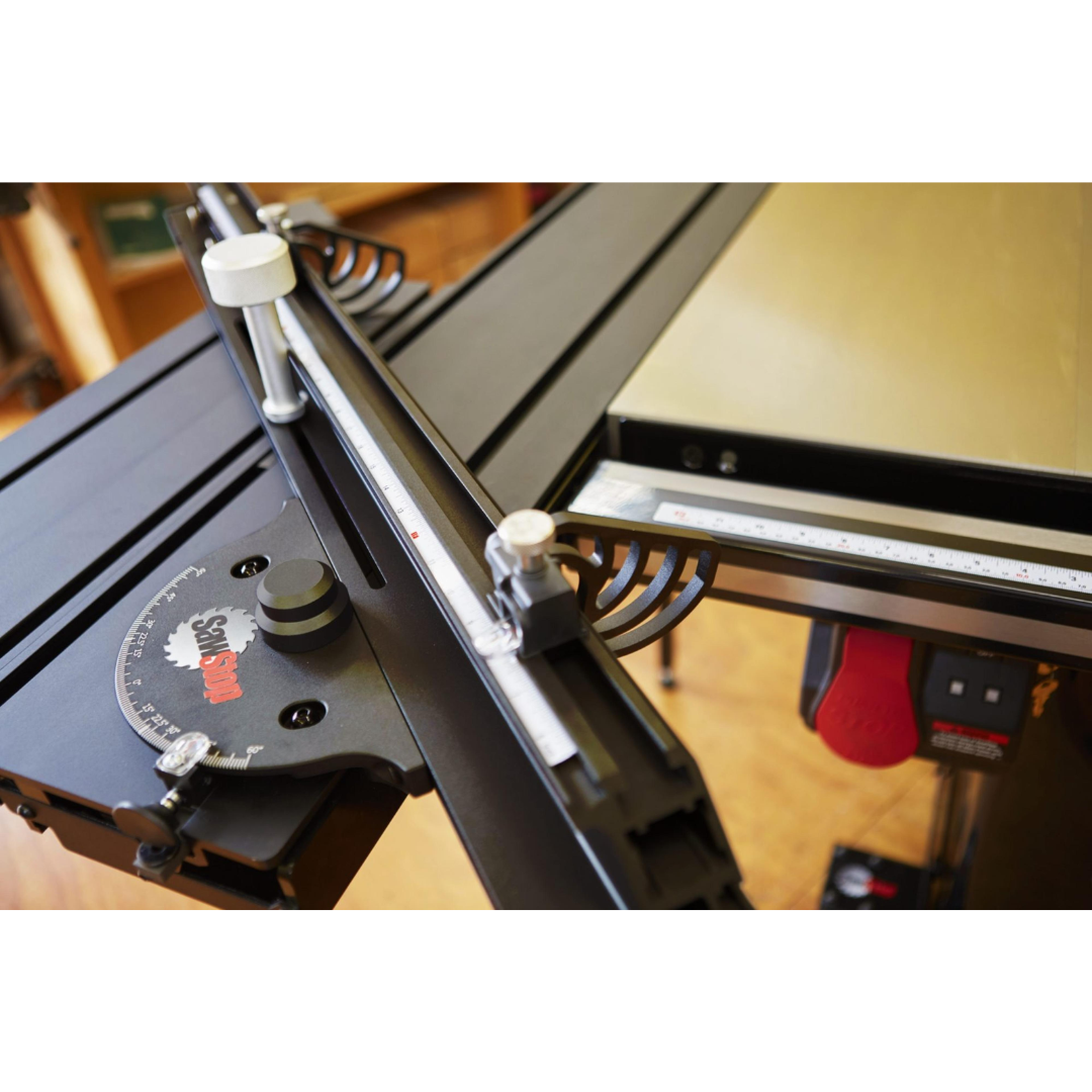 Close-up view of the SawStop Sliding Crosscut Table TSA-SA48 support assembly, highlighting durable construction and precision-engineered components.