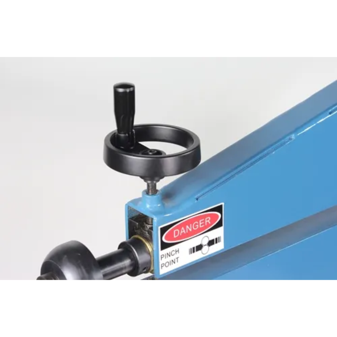 Close-up view of the adjustable throat depth indicator on the Baileigh Bead Roller BR-18M-24 1000935, showing the graduated depth scale and precision adjustment system for accurate, repeatable sheet metal bead rolling operations.