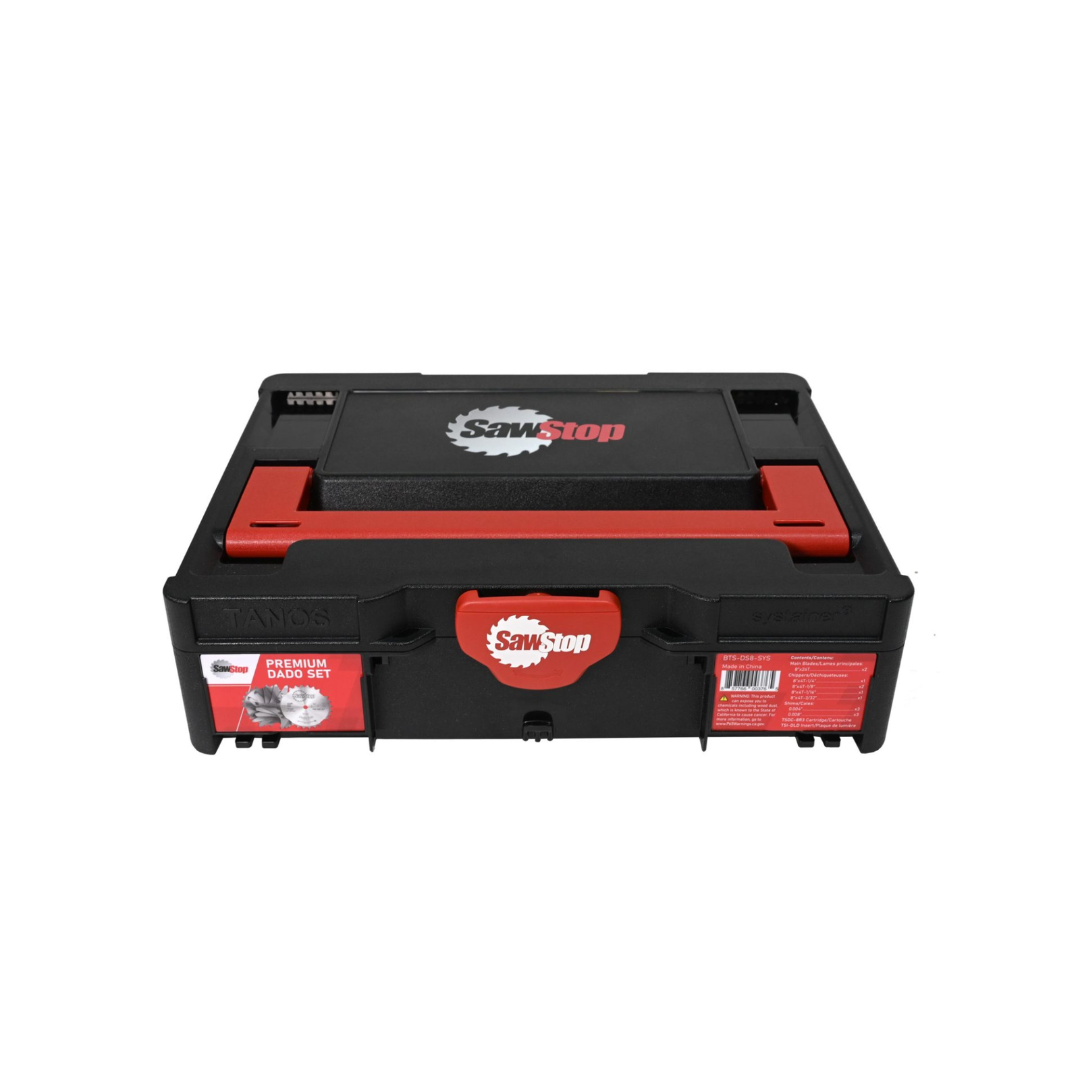 Closed SawStop Premium Dado Set Systainer BTS-DS8-SYS storage case featuring durable construction and secure transport design for dado blade organization and workshop portability.