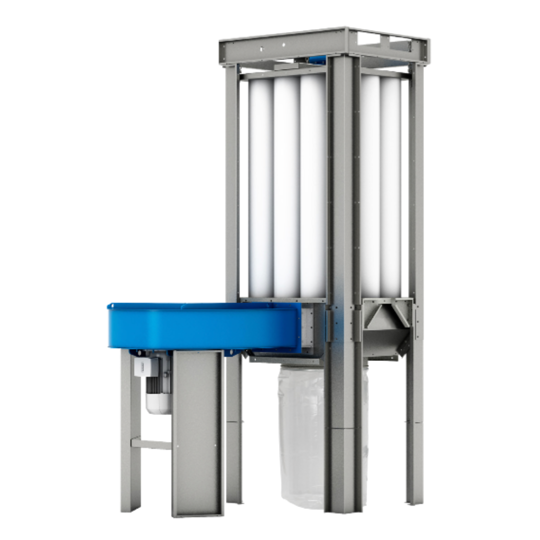 Coima USA Enclosureless Dust Collector with Shaker SHK-1 featuring vertical cylindrical filter elements, industrial steel frame, and integrated shaker cleaning system with bottom collection bag for efficient dust removal.