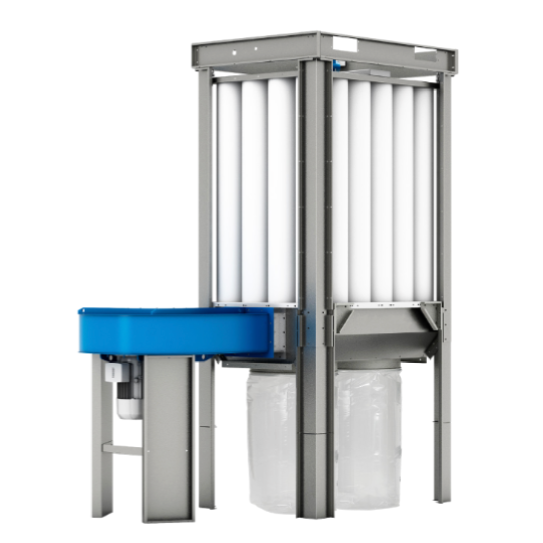 Coima USA Enclosureless Dust Collector with Shaker SHK-2 PLUS featuring high-capacity vertical cylindrical filters, heavy-duty galvanized steel frame, integrated shaker cleaning system, and dual dust collection bags for advanced industrial air filtration.