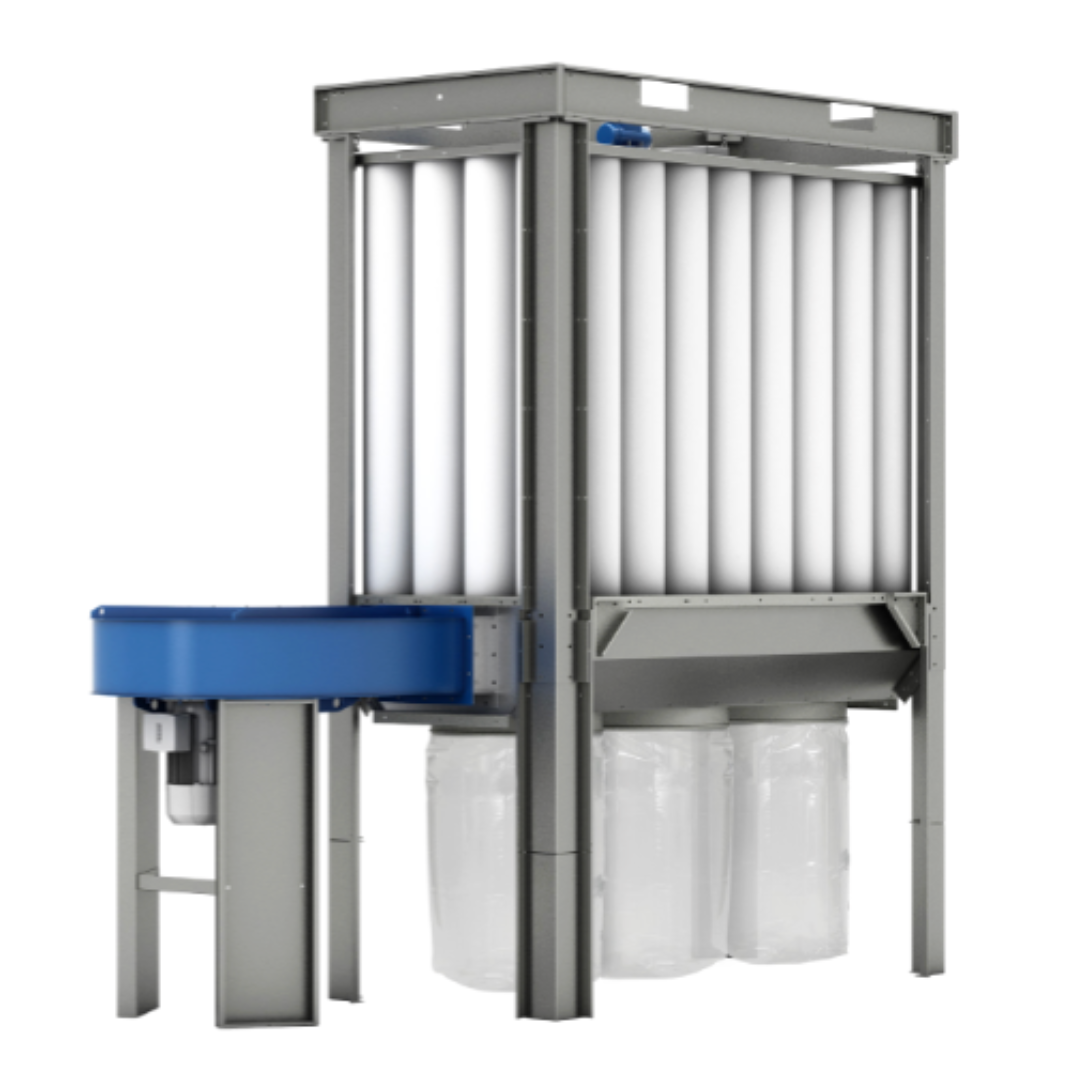 Coima USA Enclosureless Dust Collector with Shaker SHK-3 featuring high-capacity vertical filter cartridges, reinforced galvanized steel frame, integrated shaker cleaning system, and multi-bag dust collection setup for heavy-duty industrial air filtration.
