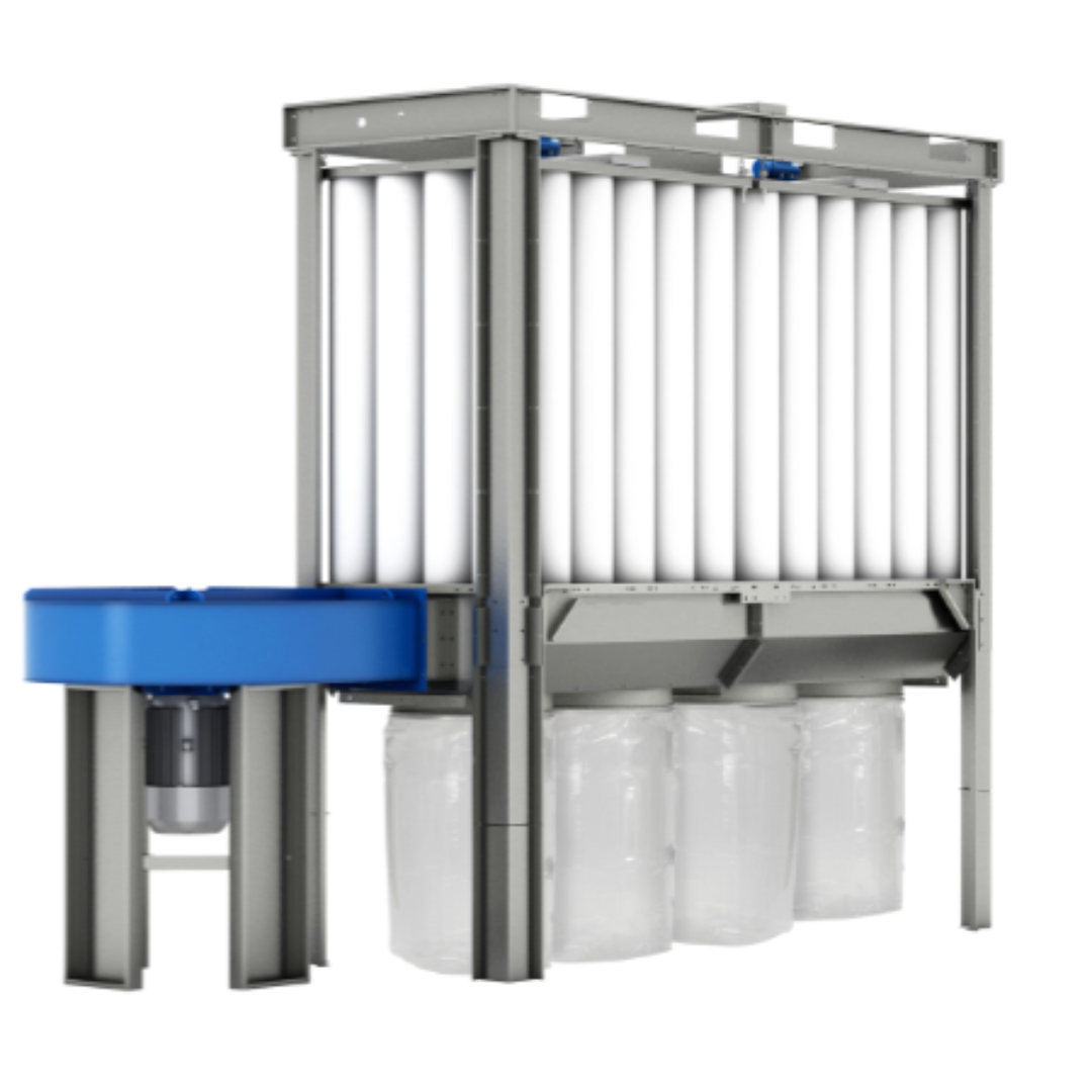 Coima USA Enclosureless Dust Collector with Shaker SHK-4 featuring extended bank of vertical cylindrical filters, heavy-duty galvanized steel frame, integrated shaker cleaning system, and multi-bag dust collection system for high-volume industrial air filtration.