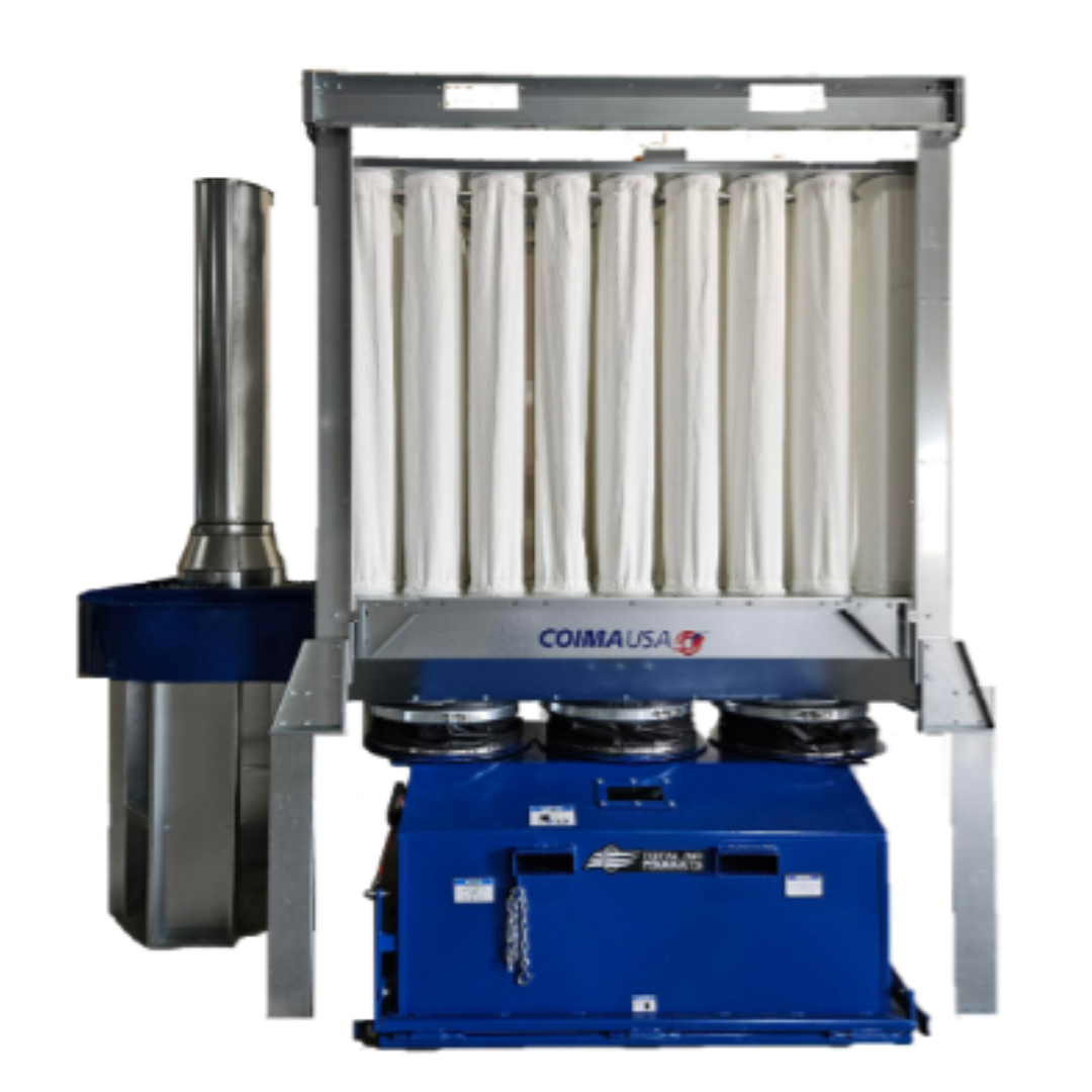 Coima USA Heavy Duty Dump Bin SHK-3 FLDB featuring enclosureless dust collector with vertical cartridge filters, integrated shaker system, and heavy-duty blue steel dump bin for high-capacity dust collection and disposal.