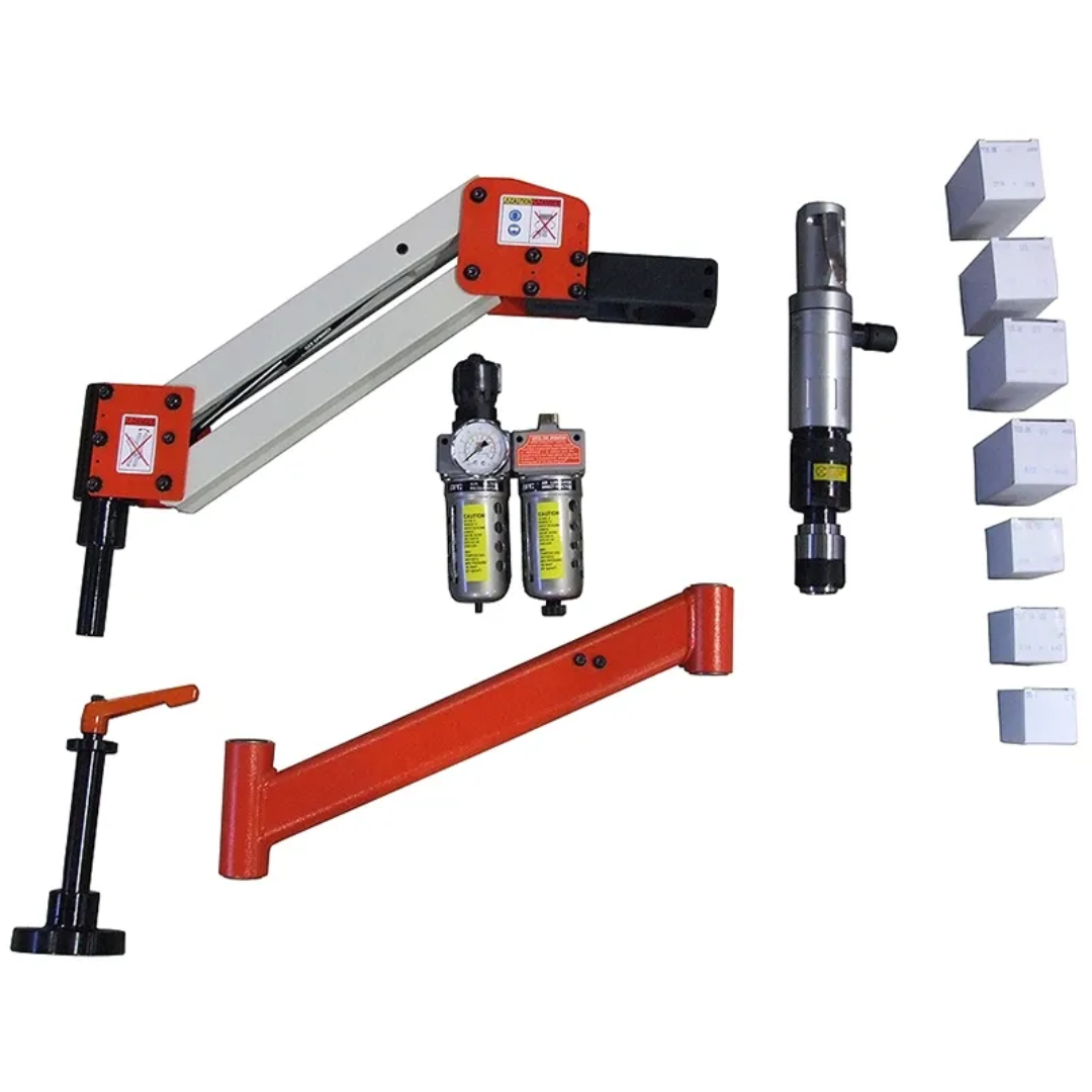 Component overview of the Baileigh ATM-27-1000 Pneumatic Tapping Arm 1000326 featuring the articulated arm, tapping head, and included tooling accessories for versatile threading applications.