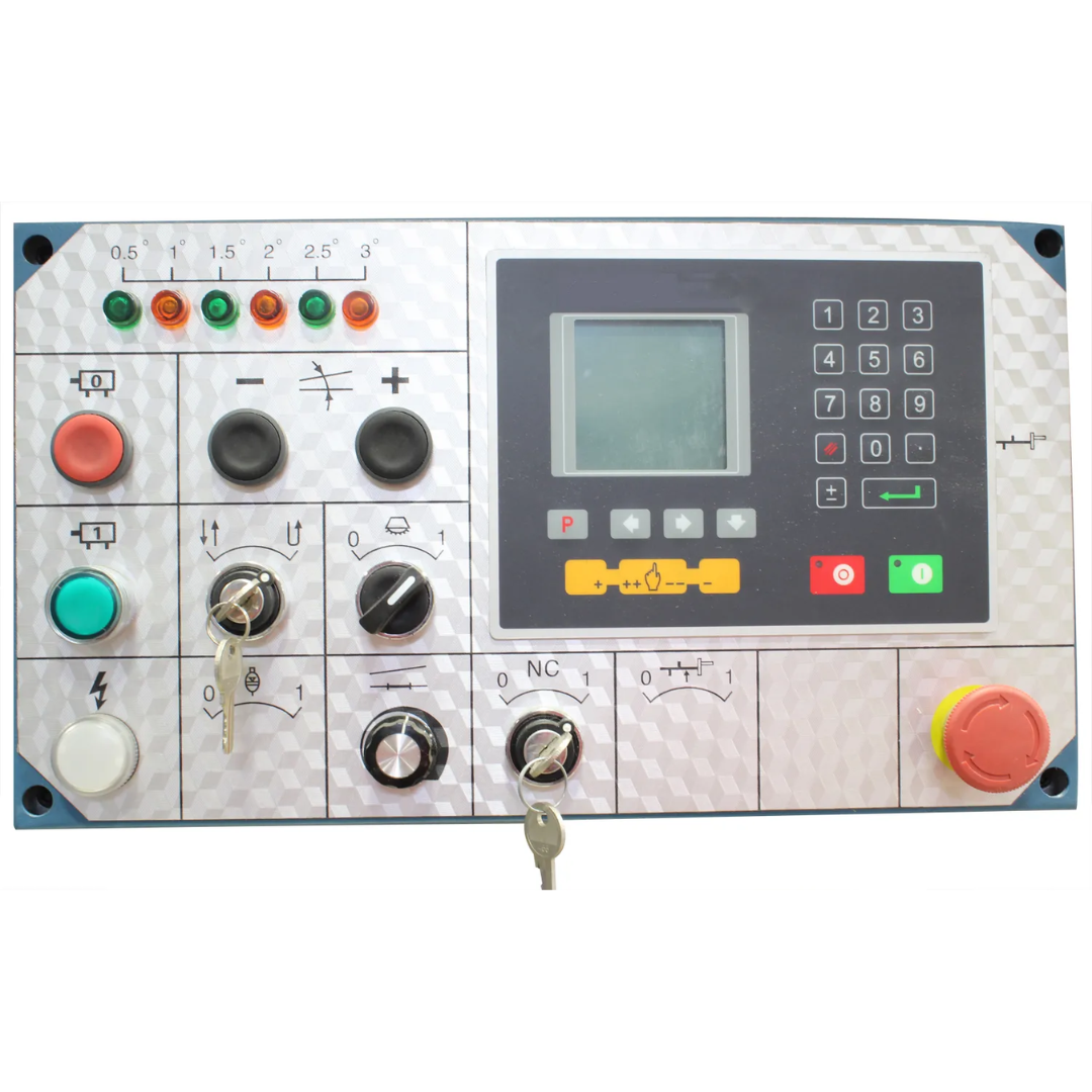 Control panel and digital operator interface of the Baileigh Hydraulic Floor Shear 120" Shear Length 1007085 featuring machine controls, programmable settings, and emergency stop functions.