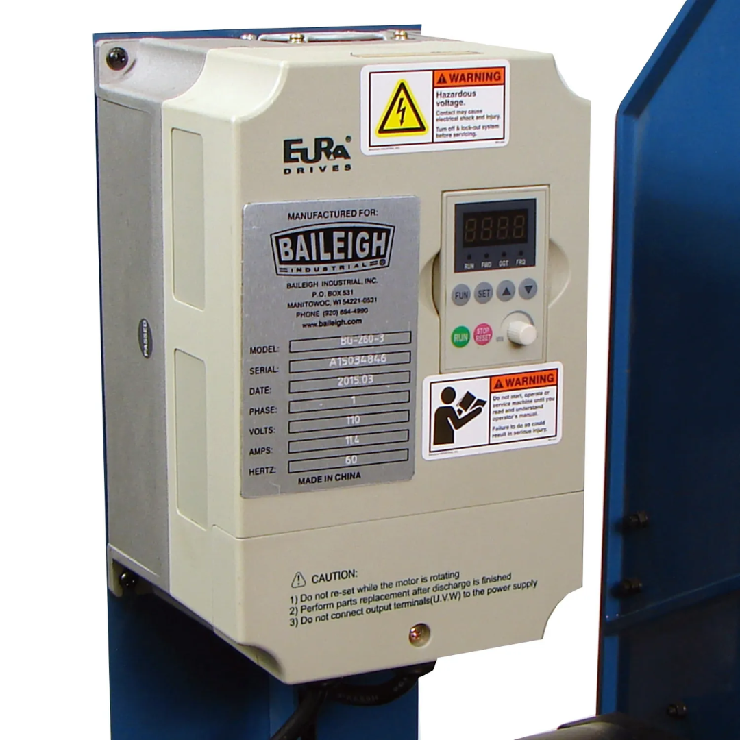 Control system and variable frequency drive panel on the Baileigh Belt Grinder BG-260-3-110 1000670 providing adjustable speed control and enhanced grinding versatility.