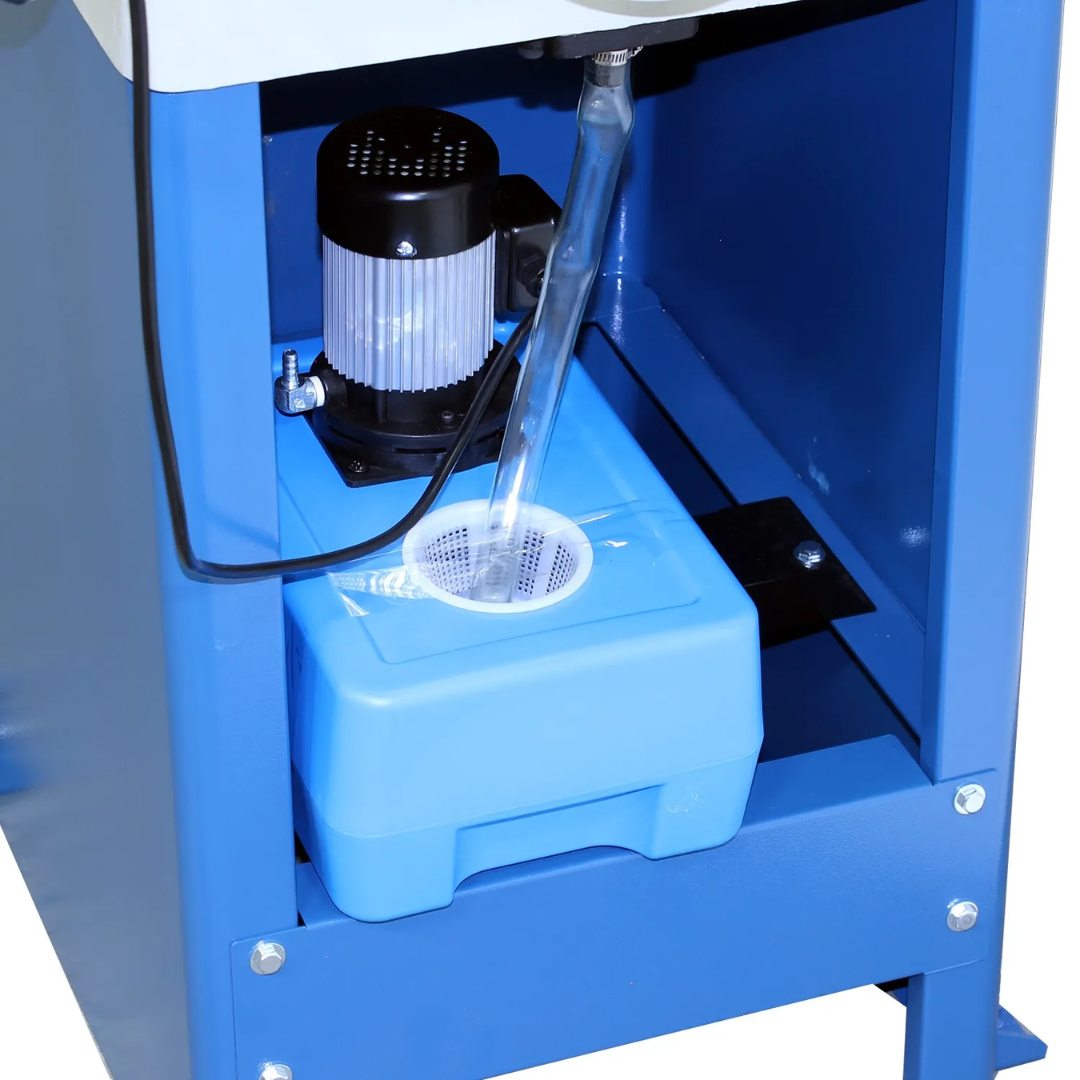 Coolant system compartment of the Baileigh Manual Cold Saw CS-275EU 1002434 featuring integrated coolant reservoir for improved blade life and cutting performance.