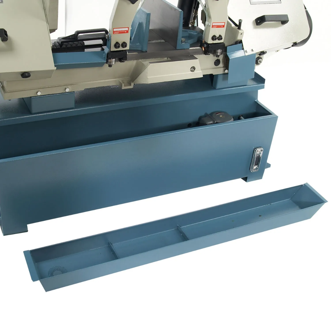Coolant tray and chip collection area on the Baileigh 10-Inch Horizontal Bandsaw, 2 HP, 240V 1Ph (BS-300M) 1001492 for clean metal cutting operation.