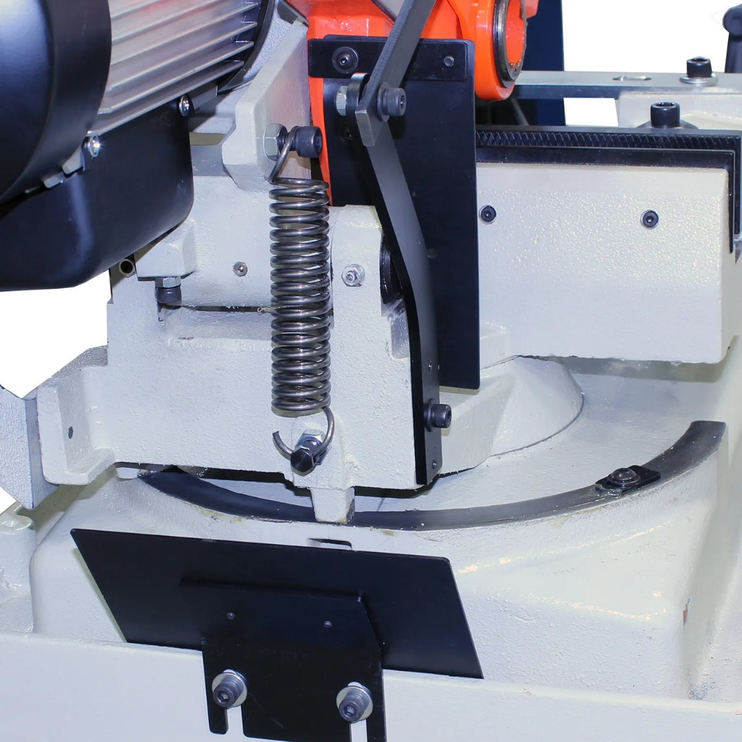 Cutting area detail on the Baileigh Manual Cold Saw CS-275EU 1002434 showing the cold saw blade, material clamping system, and miter cutting capability.