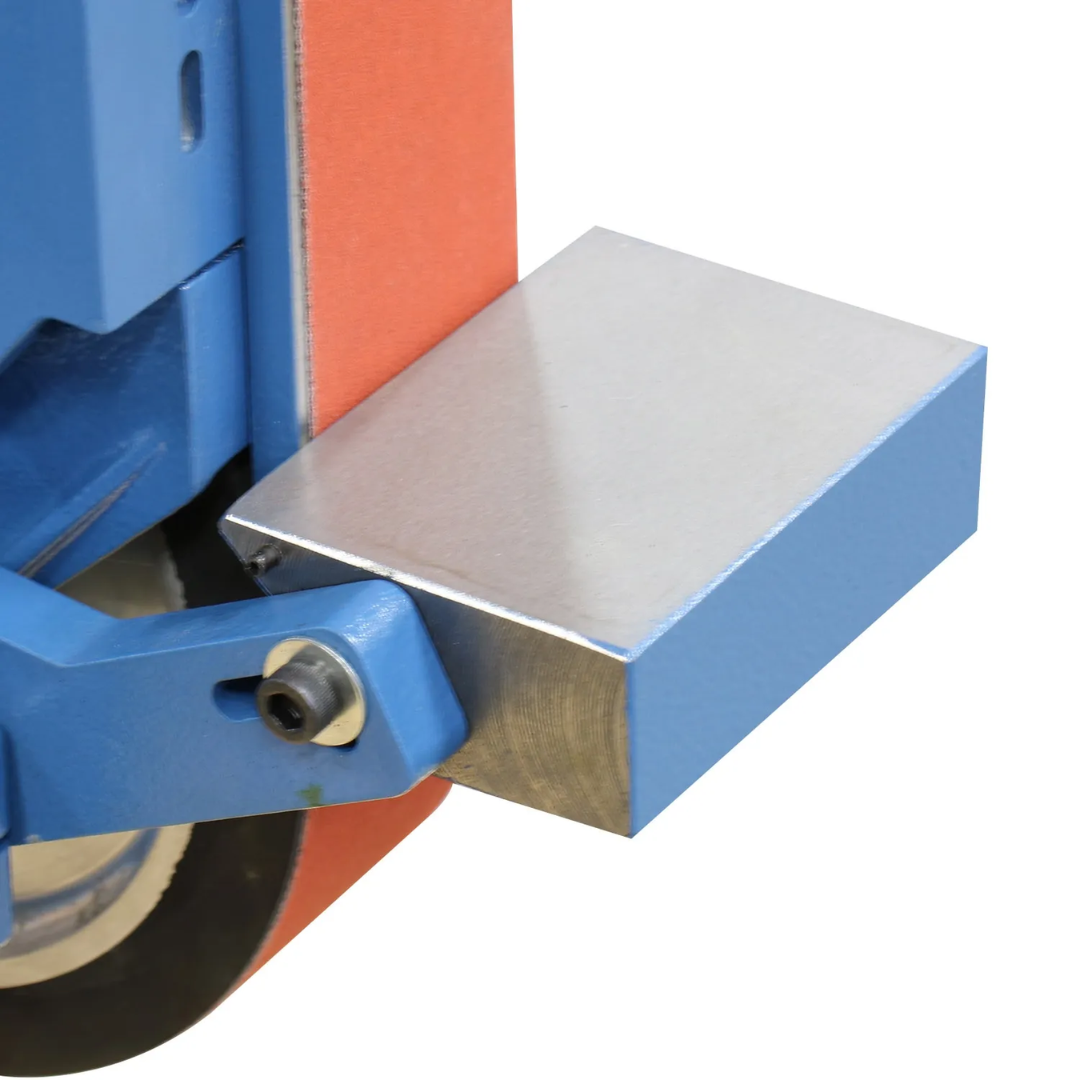 Detail image of the Baileigh Two Wheel Belt Grinder BG-248-2 1019092 adjustable work rest and grinding surface designed for controlled material removal and precision finishing operations.