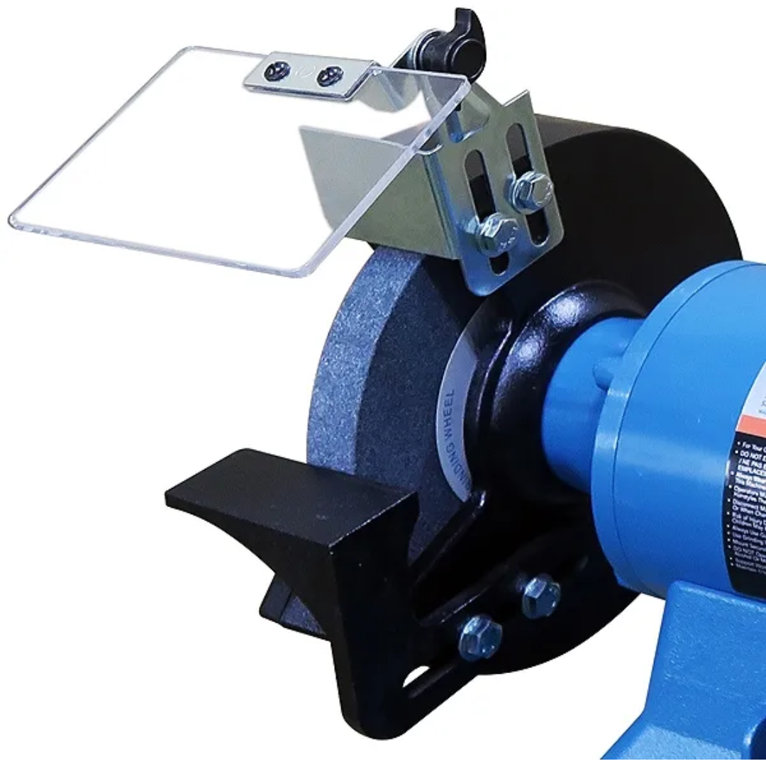 Detailed angle view of Baileigh 8" Bench Grinder - (IGB-8) 1227895 adjustable work rest and wheel guard system engineered for operator control and consistent grinding performance.