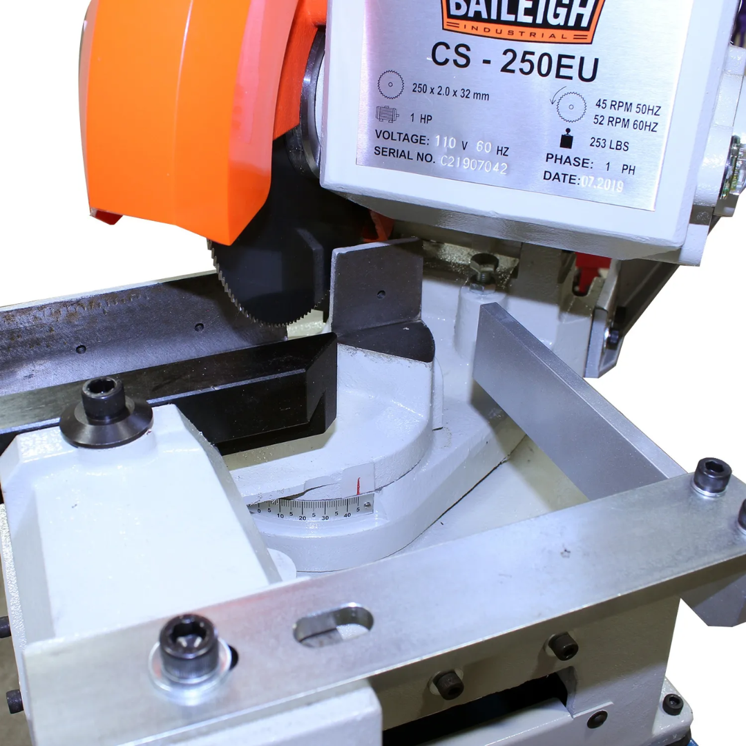 Detailed image of Baileigh Manual Cold Saw CS-250EU 1002426 cutting platform and work area designed for fabrication, manufacturing, and maintenance environments.